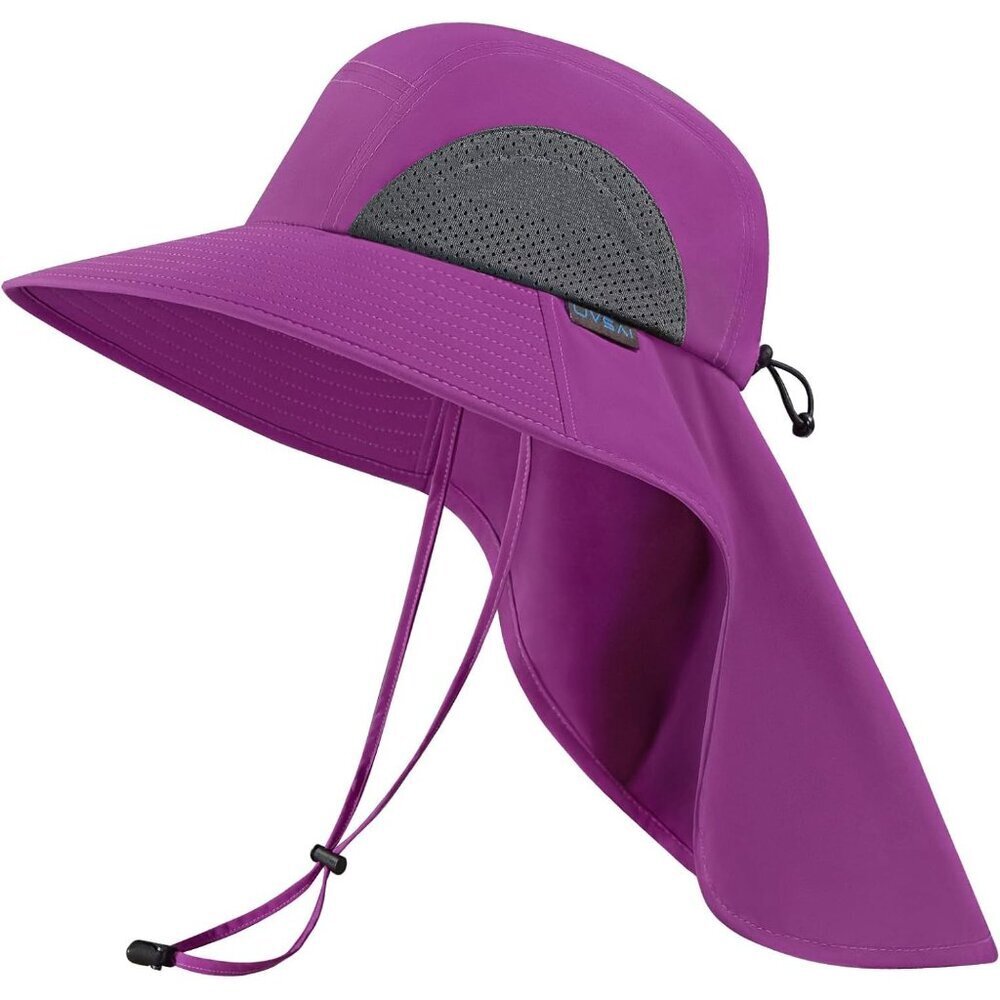 Unisex Purple 100%Polyester Wide Brim Mesh Vent With Neck Flap Classic Beach Hat